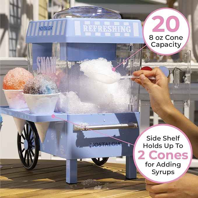 Nostalgia Snow Cone Machine – Retro Table-Top 8 Oz Snow Cone Maker Makes 20 ICY Treats– Countertop Slushie Machine Includes 2 Reusable Plastic Cups & Ice Scoop-Vintage Blue
