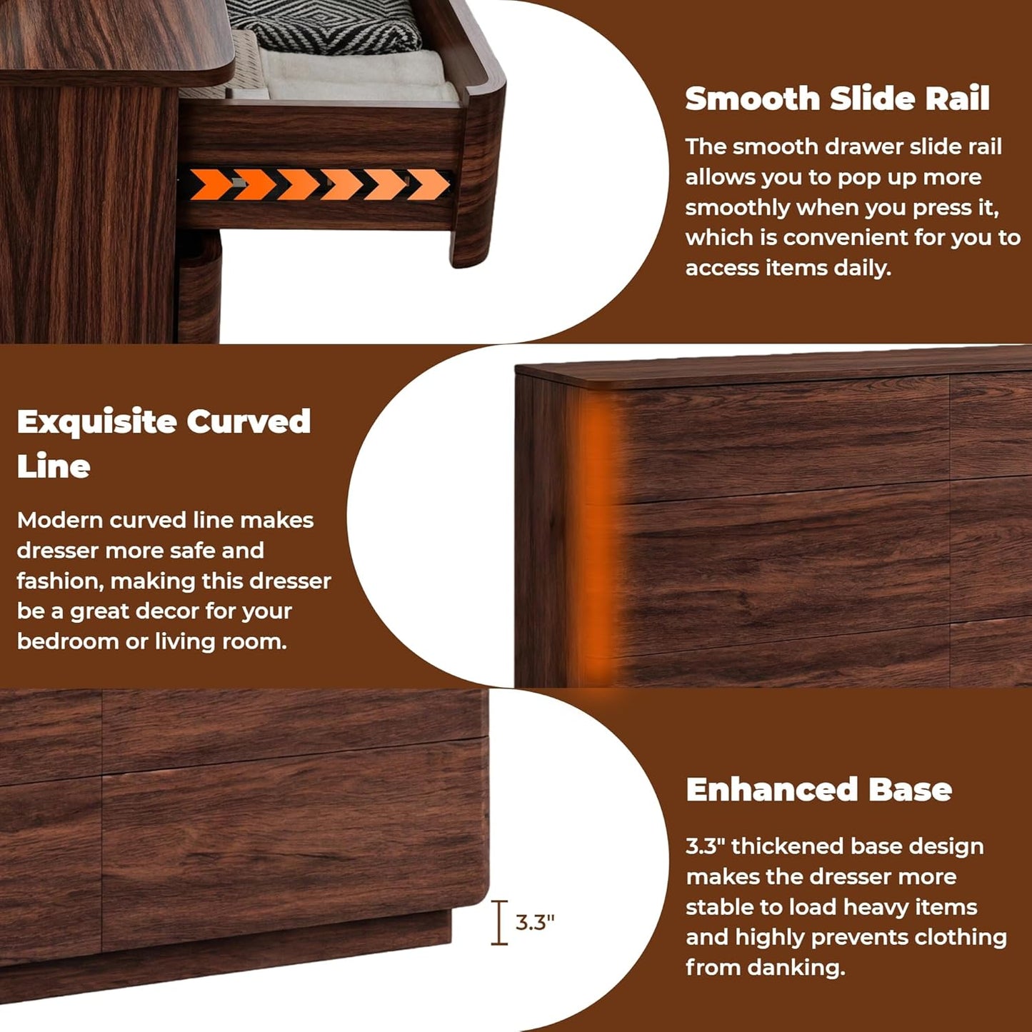 ACCOHOHO 6 Drawer Dresser for Bedroom, 52" Wide Modern Wood Dresser with Hidden Handle Drawers, Large Storage Chest of Drawers, TV Stand for Living Room & Hallway, Curved Profile Design, Dark Walnut