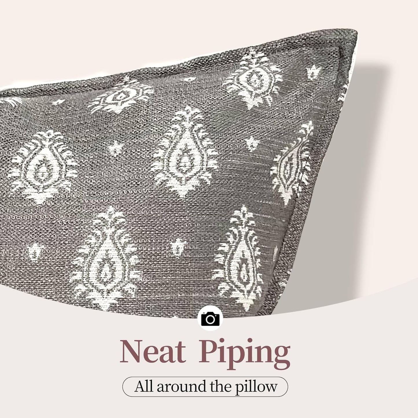 Floral Throw Pillow Covers 18x18 Set of 2, Dark Grey Decorative Pillow Covers Neutral Faux Linen Cotton Blend, Vintage Look for Couch, Sofa, Bed, Living Room