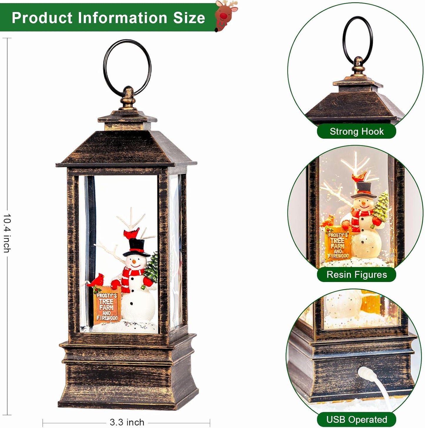 Christmas Snow Globe Lantern Water Glittering Snowman Christmas Tree Crown with Music, USB Lined Operated Lighted Lantern for Christmas Festival Decoration Gifts