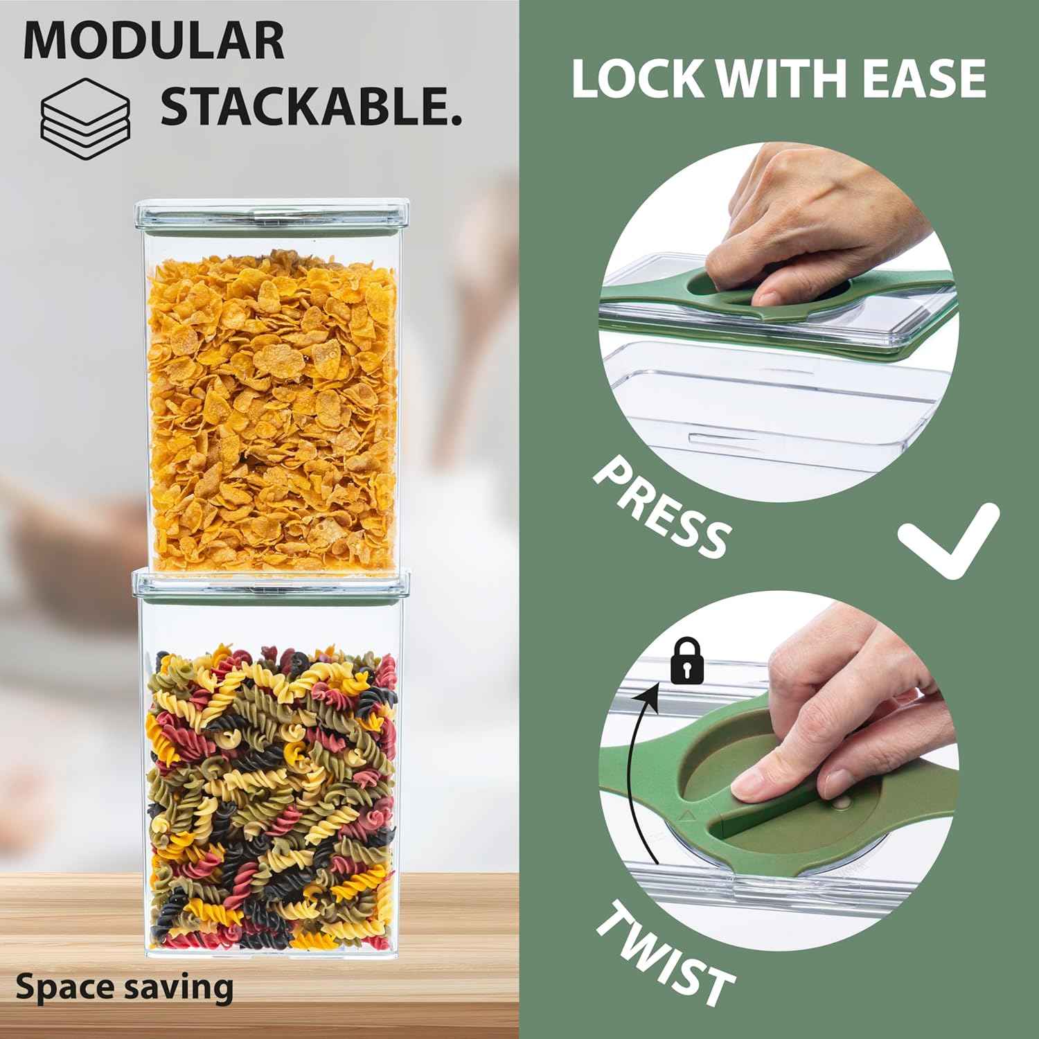 5-Piece SAN Airtight Pantry Storage Container Set, Leakproof Twist-Lock Lids, BPA-Free Stackable Canisters for Sugar, Flour, Pasta, Cereal & Snacks (0.8qt, 1.9qt ×2, 3qt, 4qt)