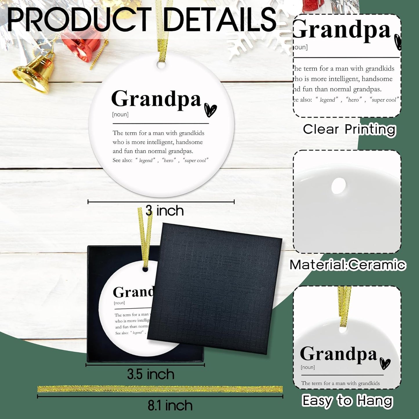 Grandpa Definition Ceramic Christmas Ornaments, Grandpa Gifts Christmas Tree Ornaments, Xmas Thanksgiving Birthday Gifts for Grandpas from Grandkids, Grandpas Decorative Hanging Ornament