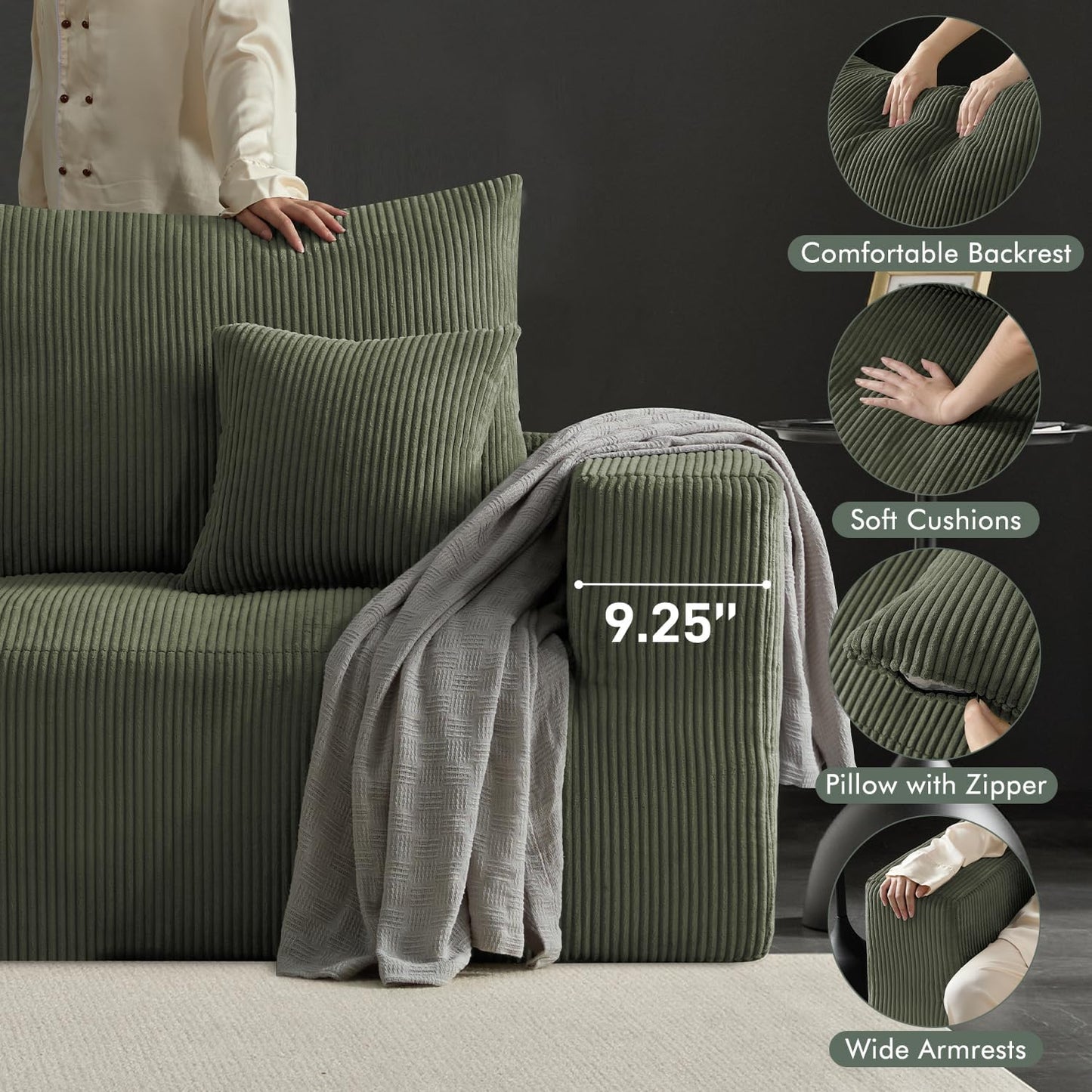 Boneless Sectional Cloud Couch Sofa for Living Room, 112" U-Shaped Modular Modern Lounge Sleeper Green Couches with Chaise, No Assemble, Cordury Compression Upholstered Sofas