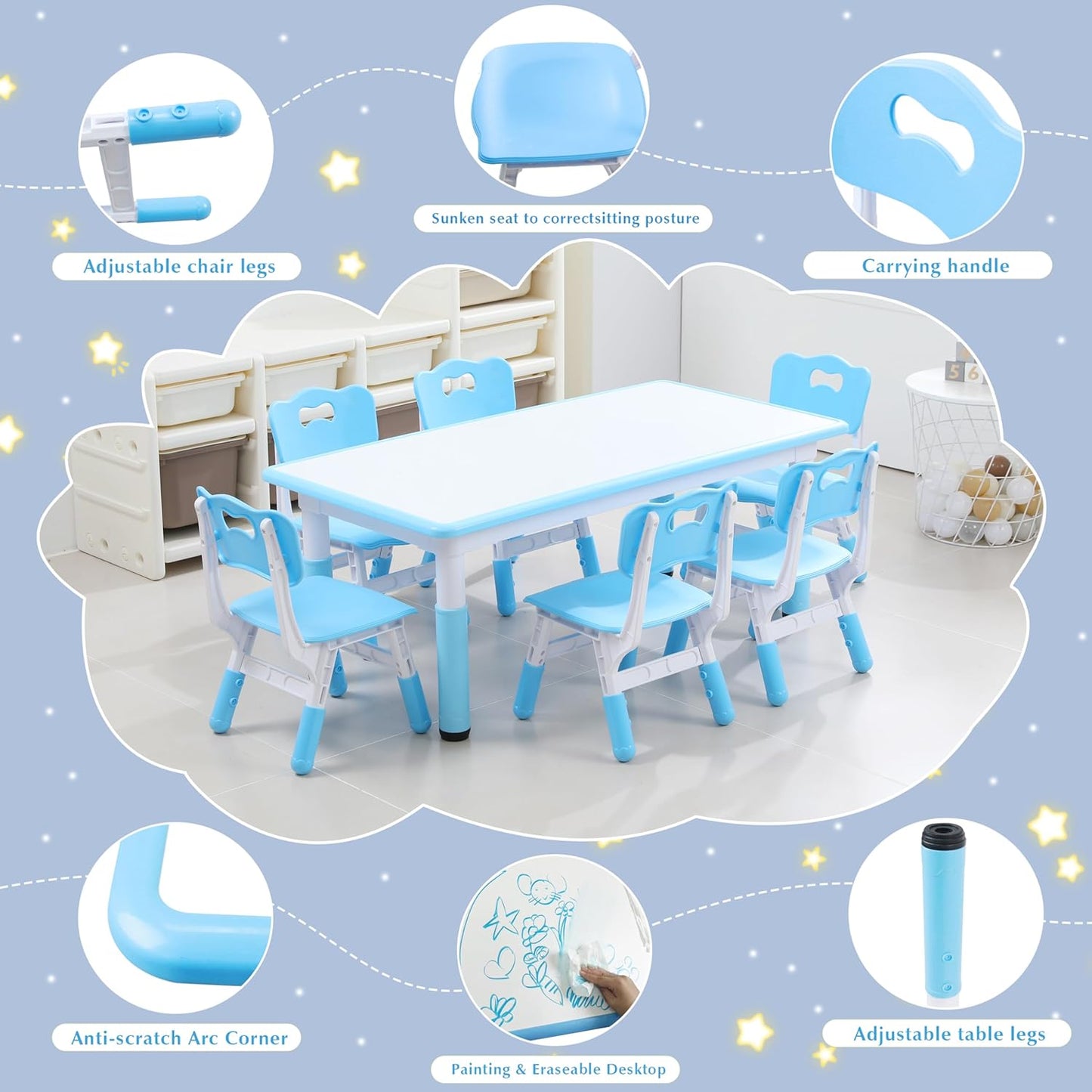 Kids Table and 6 Chairs Set with Graffiti Desktop, Toddler Furniture Set, Non-Slip, Table Children Study Desk, Dining Table, Height Adjustable Desk, Painting Desktop for Kids (47.2x23.6Inch)