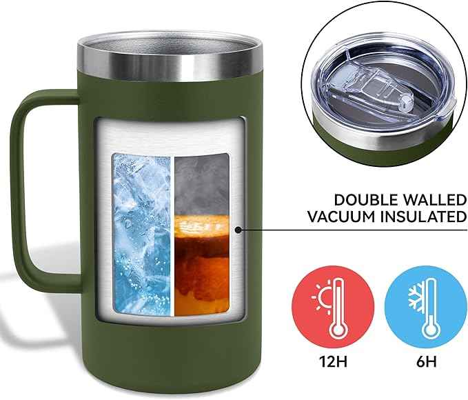 DOMICARE 24oz Mug with Handle and Lid, Stainless Steel Coffee Mug, Travel Mug with Handle, Double Wall Vacuum Coffee Tumbler, Reusable Insulated Cup, Army Green, Pack 4