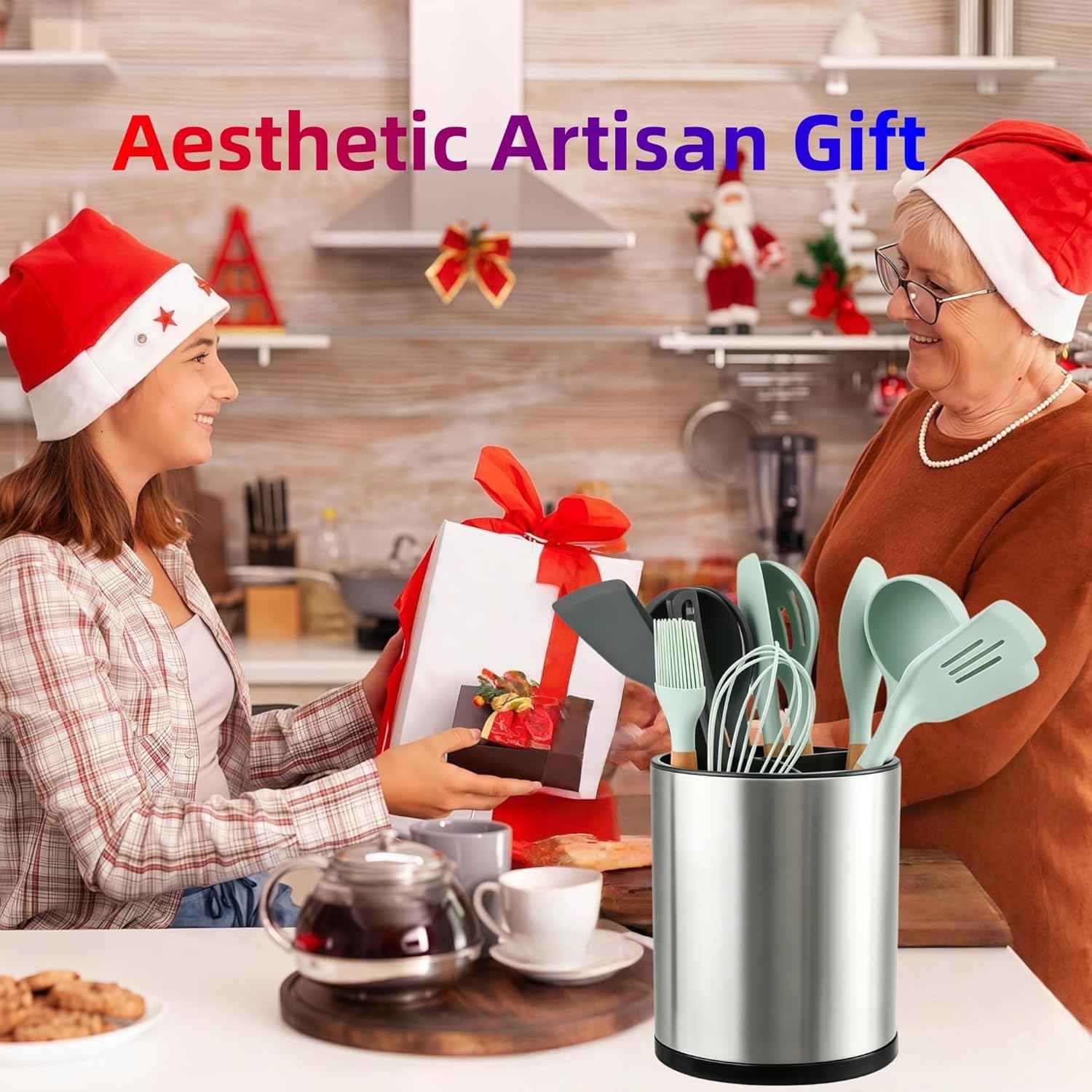 LIBODOUR Kitchen Utensil Holder Extra Large 360°Rotating For Counter Organizer Stainless Steel Storage Cooking Silverware Caddy 3 Compartment Flatware Spoon Spatula Tool Cutlery Container（Silvery）
