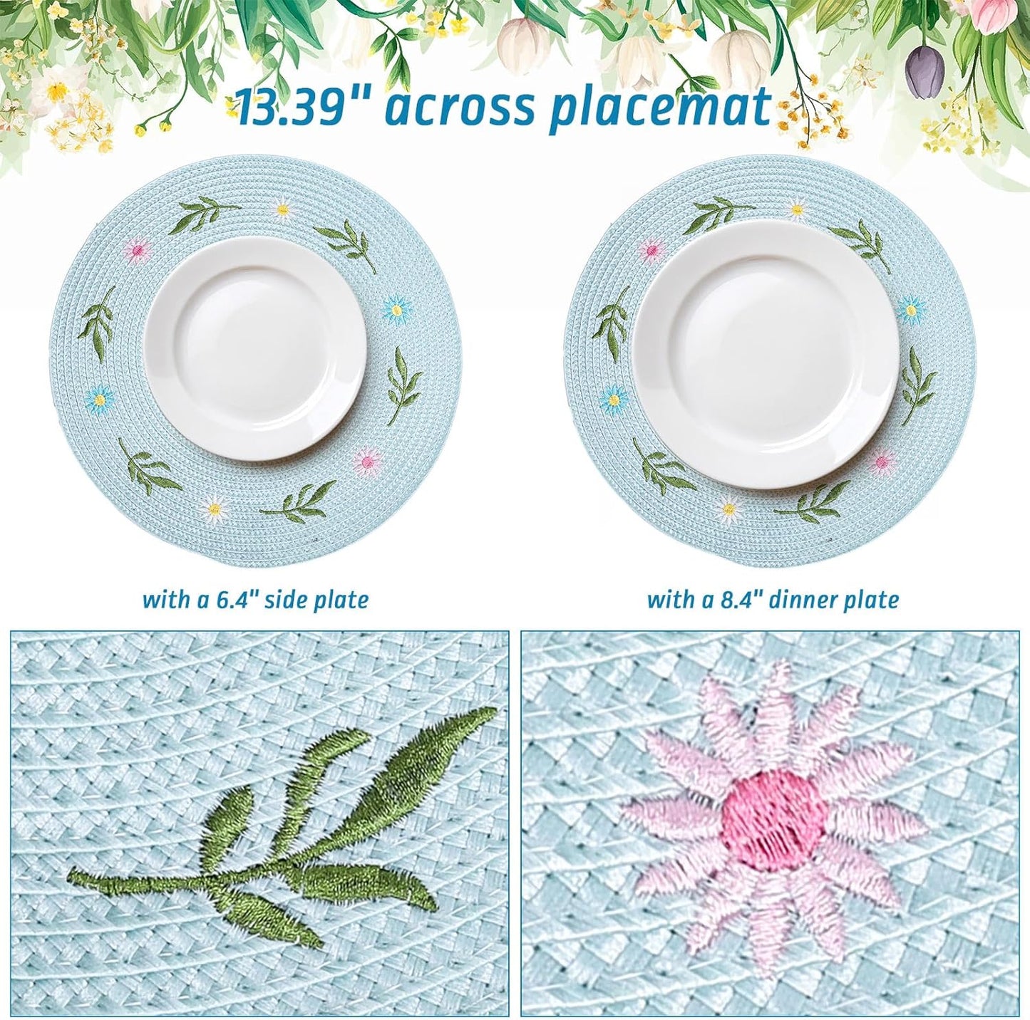 Whaline 4Pcs Round Daisy Placemats Spring Flower Embroidered Place Mats Greenery Floral Dinner Table Mats for Home Holiday Wedding Bridal Baby Shower Birthday Party Decor