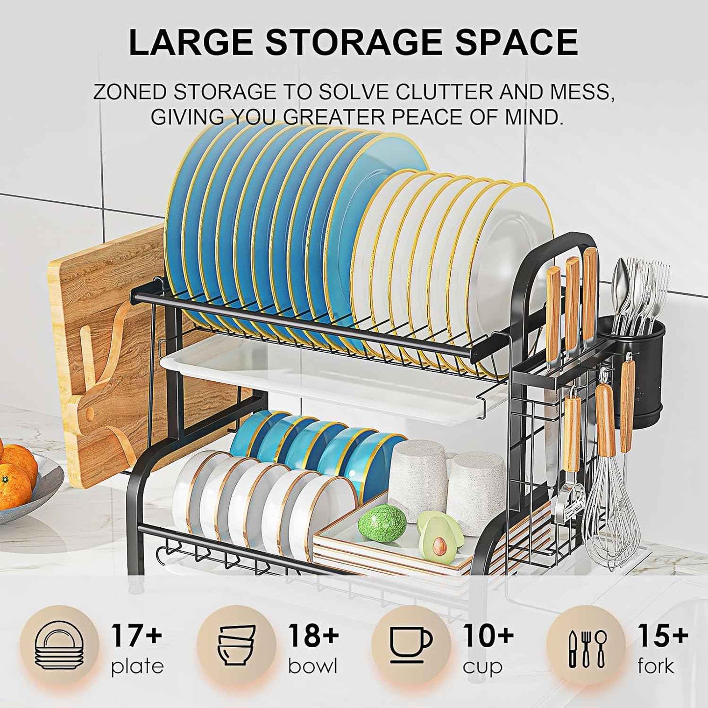 2-Tier Stainless Steel Dish Drying Rack, Space-Saving Kitchen Organizer for in/Over Sink/Counter, with Removable Drain Tray & Cutlery Holder & Utensil Holder, Black