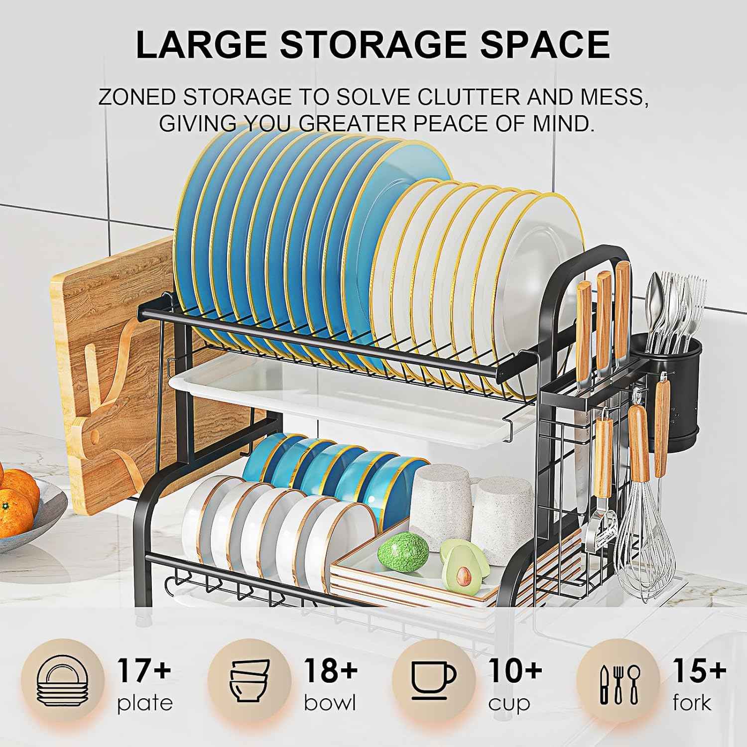 2-Tier Stainless Steel Dish Drying Rack, Space-Saving Kitchen Organizer for in/Over Sink/Counter, with Removable Drain Tray & Cutlery Holder & Utensil Holder, Black
