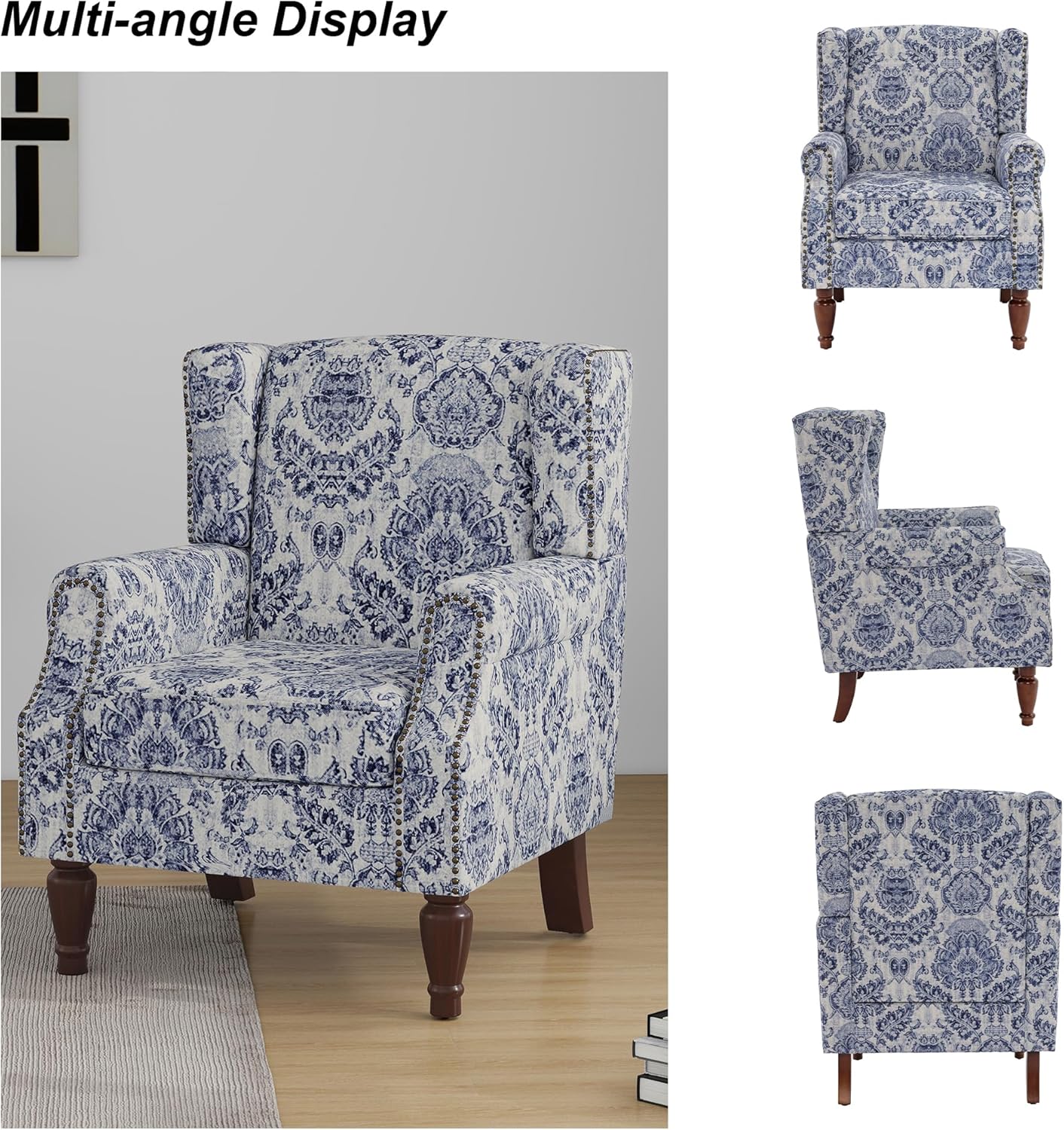 Floral High Back Accent Chair, Upholstered Armchair with Solid Wood Legs, Comfy Wingback Reading Single Sofa Chair for Small Spaces, Living Room, Bedroom(Floral Navy Blue, Set of 1)