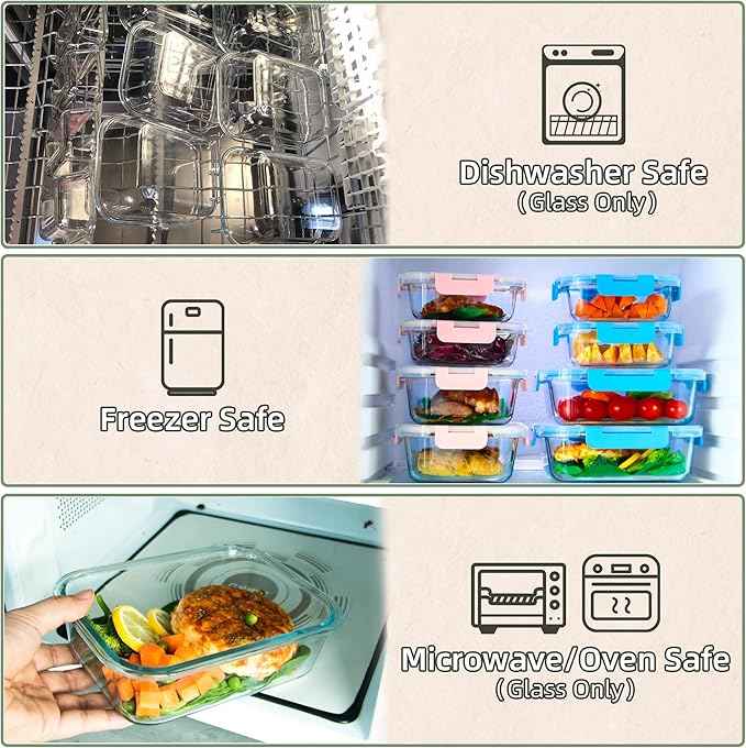 UMEIED 10 PACK Glass Food Storage Containers with Leak Proof Lids, Glass Airtight Meal Prep Containers Set for Lunch, On the Go, Leftover, Kitchen Pantry Organizers and Storage (Pink)