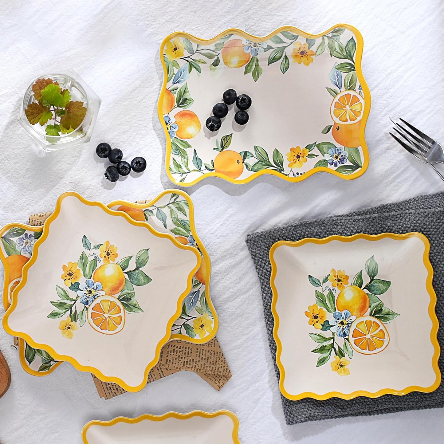 6.6 Inch Square Plates & 8.8 Inch Rectangle Plates, Melamine Dinnerware Set for RV, Camping, Outdoor, Lemon Design, 12 Pcs, Lightweight & Durable