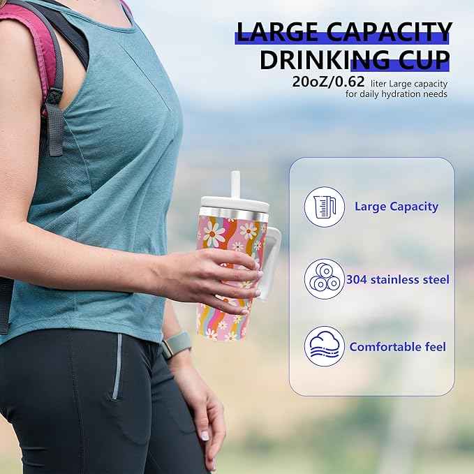 2PCS 20-OZ Insulated Water Bottle,Insulated Stainless Steel Tumbler,Reusable Cold Drink Thermos,BPA-Free, Double-Wall Stainless Steel Water Bottle (Pink-Rainbow Flowers, 20, Fluid Ounces)