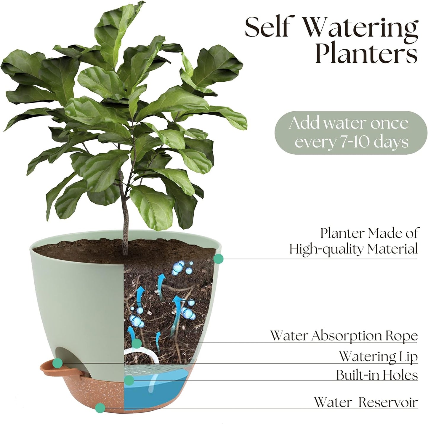 TYMENSH Plant Pots 12/10/9 inch Set of 3, Self Watering Flower Pots Indoor Outdoor, Planters with Drainage Hole Saucer Reservoir, Green