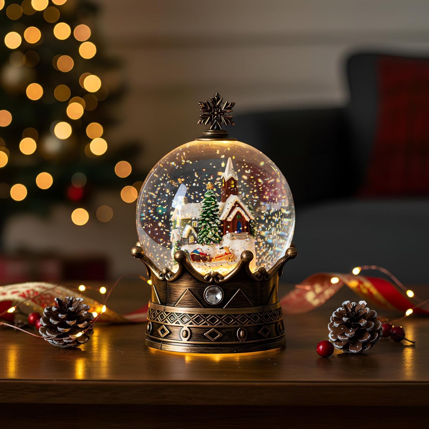 Christmas Snow Globe Lantern Water Glittering Village & Santa Crown with Music, USB Lined/Battery Operated Lighted Lantern for Christmas Festival Decoration Gifts
