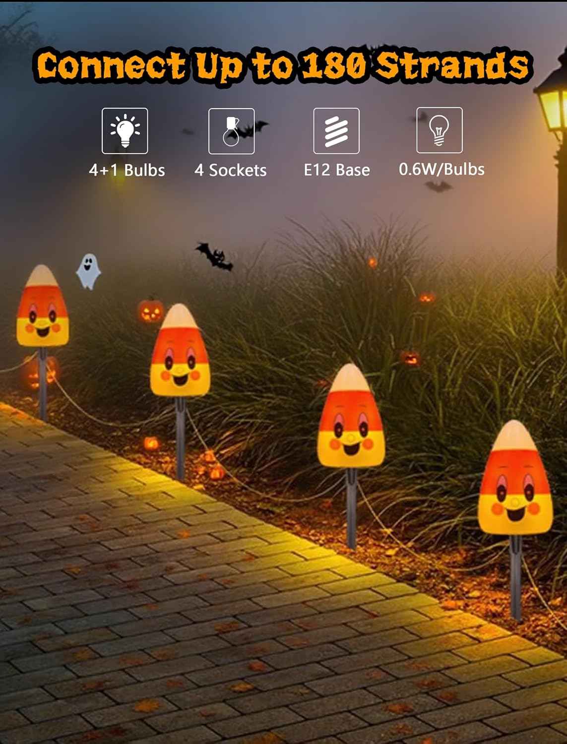 4 Pack Halloween Candy Corn Pathway Marker Lights with C7 Clear Bulbs, 7Ft Candy Night Light with 4 Stakes, Extendable Waterproof Pathway Decor for Yard Porch Lawn Pathway Garden