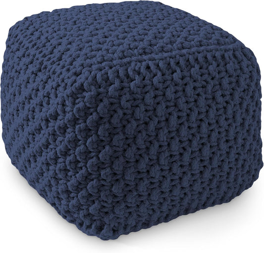 Casafield Square Pouf Ottoman, Navy Blue 18.5" W x 18.5" D x 14.5" H Cotton Knit Foot Stool - Boho Floor Pouffe for Living Room, Bedroom, Home Office