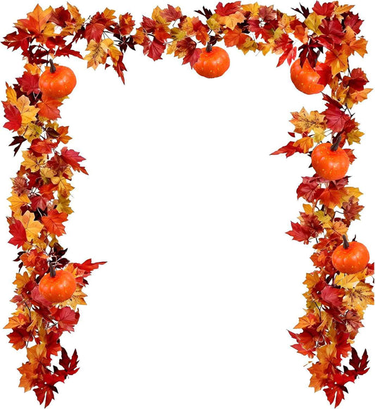 2 Pack Fall Maple Garland, 6.6 FT/Pcs Autumn Hanging Fall Leave Vines and Pumpkins for Home Garden Thanksgiving Dinner Fireplace Door Frame Doorway Backdrop Christmas Decor