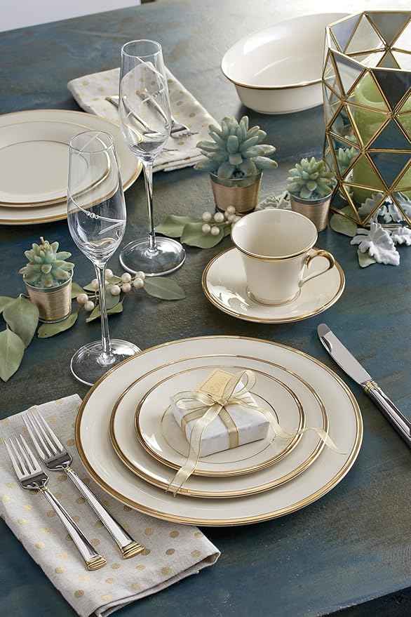 Lenox Dinnerware Set, Eternal 5-Piece Place Setting, 24-Karat Gold Accents Set, Service for 1, Made Of Ivory Porcelain, Dishwasher Safe, Plates, Cups And Saucers, Home And Kitchen (Ivory, 5 Pcs)