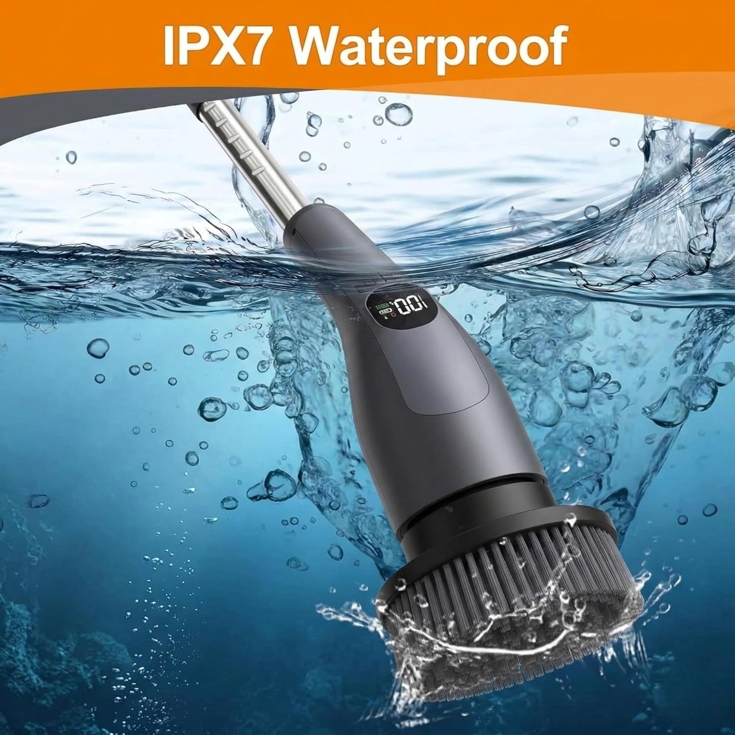 LIVINGPRO Electric Spin Scrubber with LCD Display, Cordless Cleaning Scrubber for Home, Upgraded 70W High-Power Motor, IPX7 Waterproof Dual Speed Power Scrubber, 7 Brush Heads, Extendable Long Handle
