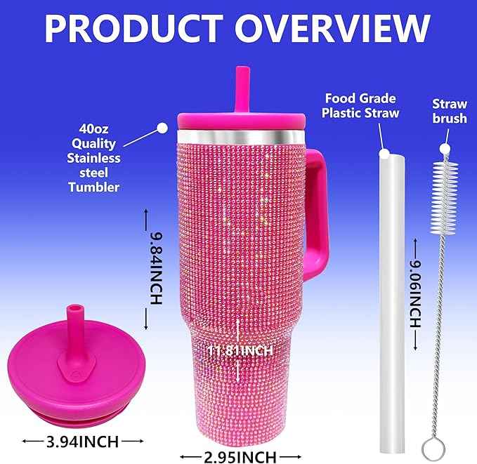 40-OZ Insulated Water Bottle,Insulated Stainless Steel Tumbler,Reusable Cold Drink Thermos,BPA-Free, Double-Wall Stainless Steel Water Bottle (Rose Red-Diamond, 40, Fluid Ounces)