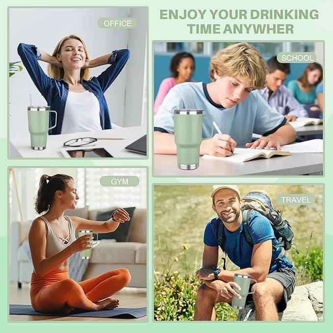 30 oz Tumbler with Handle, Stainless Steel Insulated Tumbler with Lid and Straw, Double Wall Vacuum Coffee Mug Tumbler, Insulated Coffee Thermal Cup for Cold and Hot (Matcha)