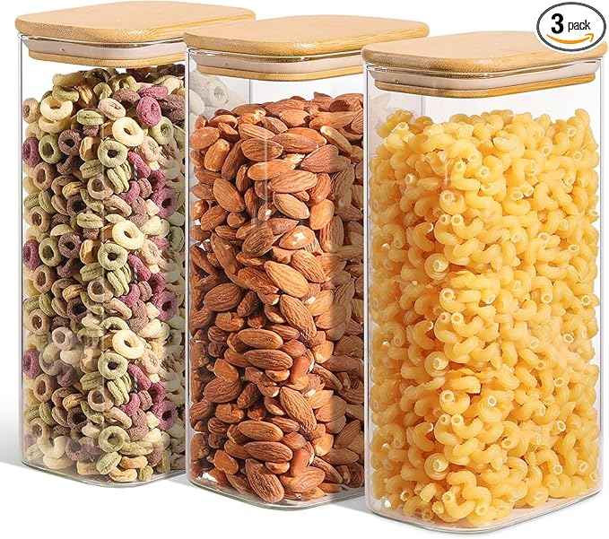 54oz 3PCS Rectangle Glass Storage Containers with Lids, Glass Jars with Bamboo Lids, Clear Food Storage Jar, Sugar Coffee Containers, Pantry Container for Pasta, Rice, Flour, Oats, Tea