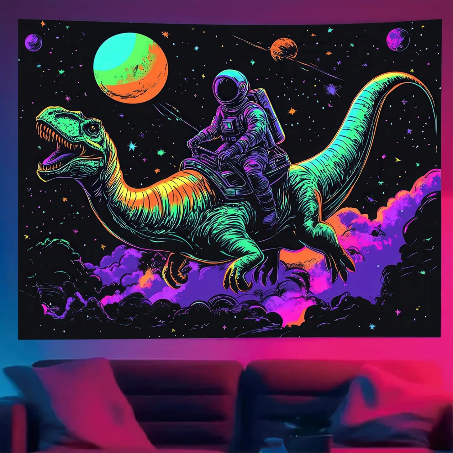 Starlit Patio Blacklight Funny Space Astronaut Dinosaur Tapestry Glow in The Dark UV Reactive Wall Hanging Tapestry Trippy Space Art Poster for Men Guys Room Bedroom Decor 78 x 59 Inches