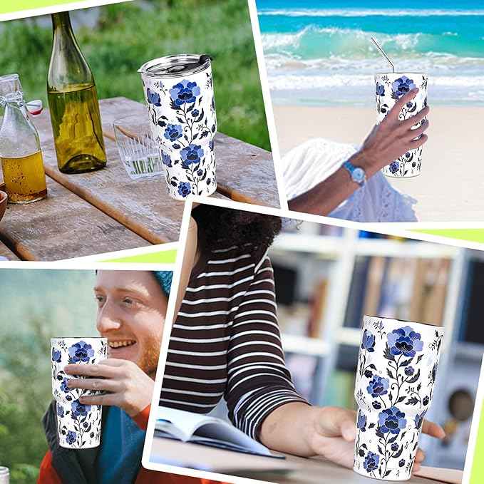 30 oz Tumbler with Lids and Straws Double Wall Insulated Tumbler Cup,Stainless Steel Vacuum Tumbler Powder Coated Travel coffee Mug for Cold and Hot Drinks,Blue and White Porcelain