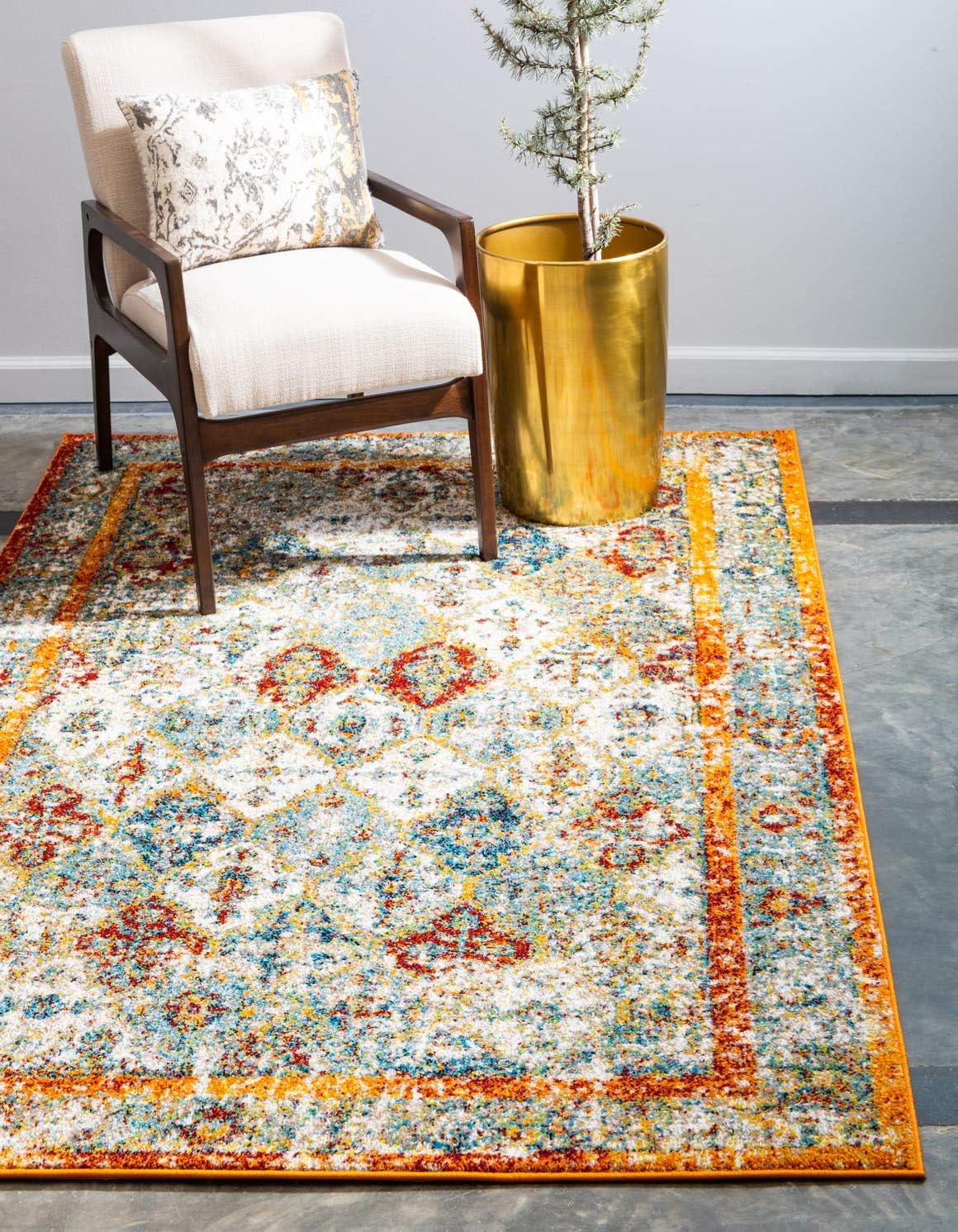Unique Loom Rosso Collection Vintage, Traditional, Bohemian, Geometric, Distressed, Southwestern Area Rug, 5' 0" x 8' 0", Beige/Orange
