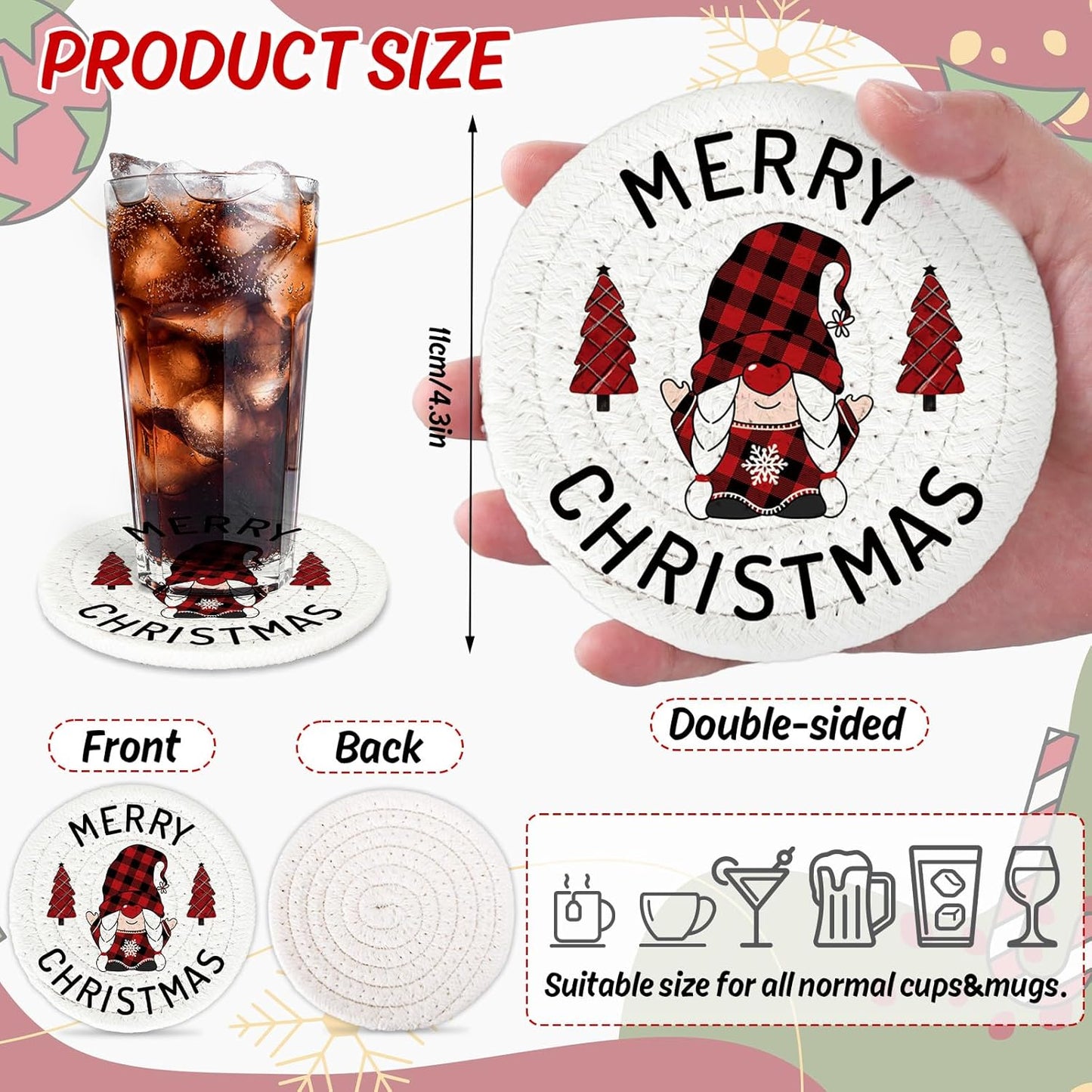 Whaline Merry Christmas Cotton Coasters Xmas Plaid Tree Gnome Handmade Braided Drink Coasters Absorbent Cup Mats for Christmas Holiday Party Home Table Decor, Set of 4