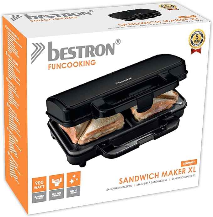 Bestron XL Sandwich maker for 2 sandwiches, Sandwich maker with non-stick coating & indicator light, 1000W, color: Black