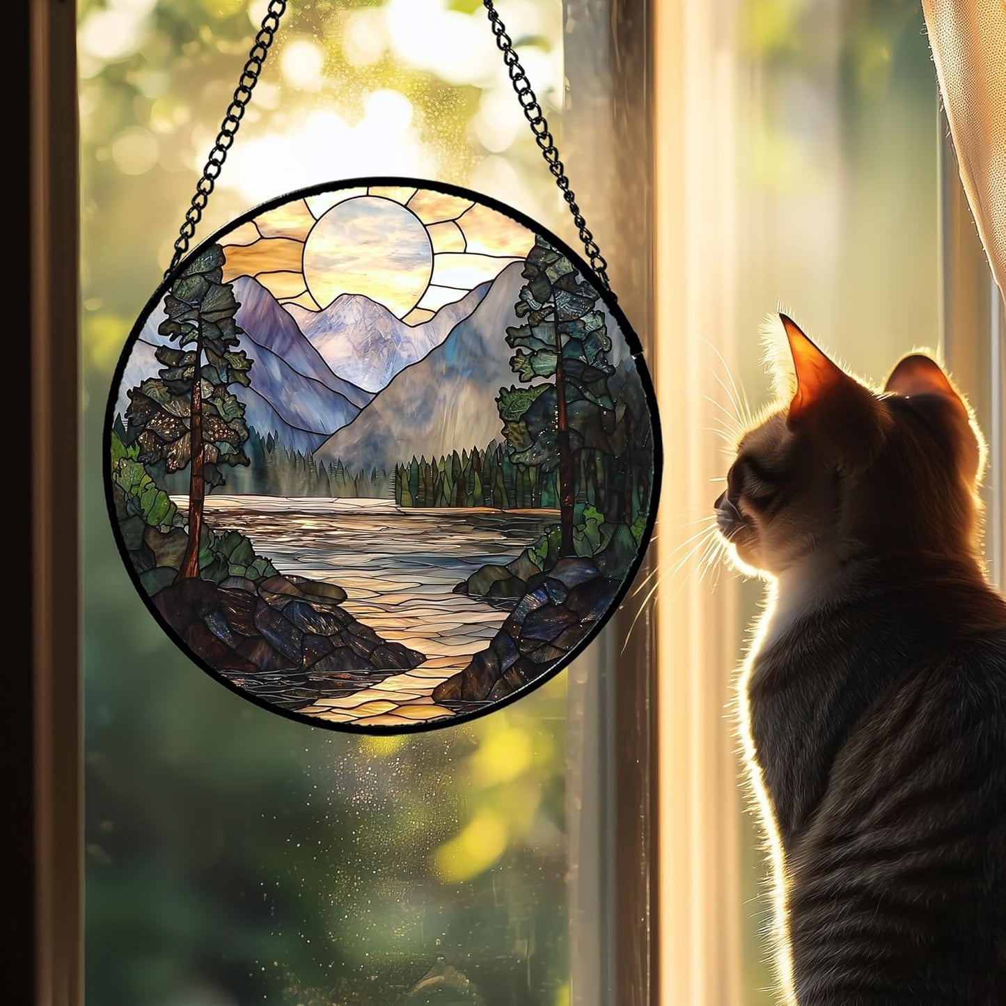 Stained Glass Window Hanging, Sunset Mountains Lake Tree Sun Catcher for Window Home Decor Landscape Suncatcher Mother's Day Birthday Gifts for Women Men Mom and Nana 9.8 in