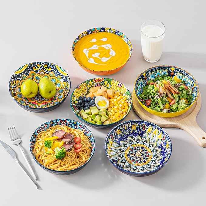vancasso 32 Oz Pasta Bowls Sets of 6, Ceramic Large Colorful Salad Serving Bowls for Kitchen, Dishwasher & Microwave Safe, Soup Pasta Plates