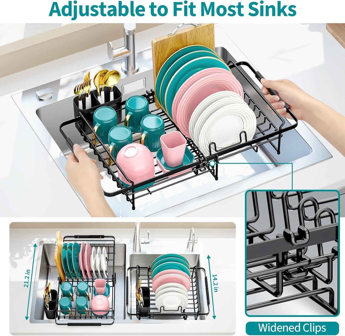 Urackify Expandable Stainless Steel in Sink Dish Drying Rack - Adjustable Dish Rack Over Sink, Rustproof Dish Drainer for Kitchen Counter, Dish Strainer with Utensil Holder, Fit Sink for 13"-18"