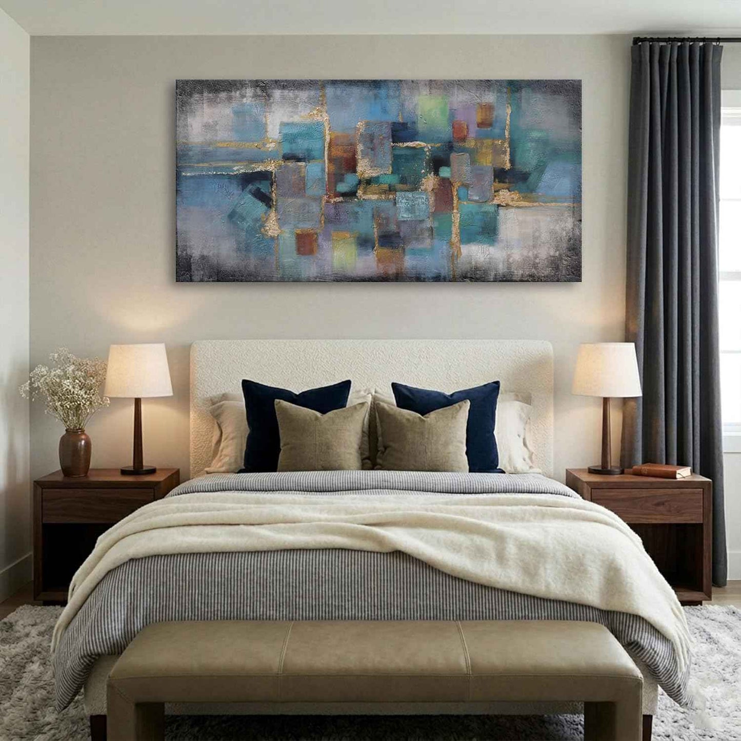 Blue and Gold Abstract Canvas Wall Art - Modern Framed Pictures for Living Room, Bedroom, Office - Large Black Framed Wall Decor - Large Extra Contemporary Artwork for Walls 24×48IN