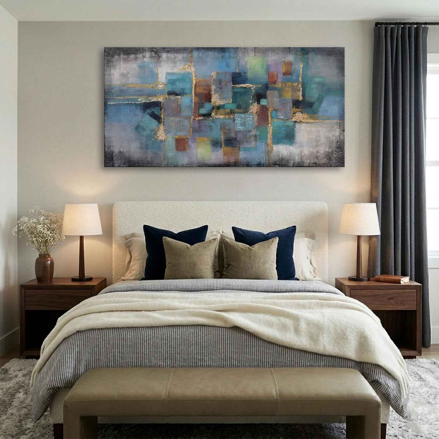 Blue and Gold Abstract Canvas Wall Art - Modern Framed Pictures for Living Room, Bedroom, Office - Large Black Framed Wall Decor - Large Extra Contemporary Artwork for Walls 24×48IN