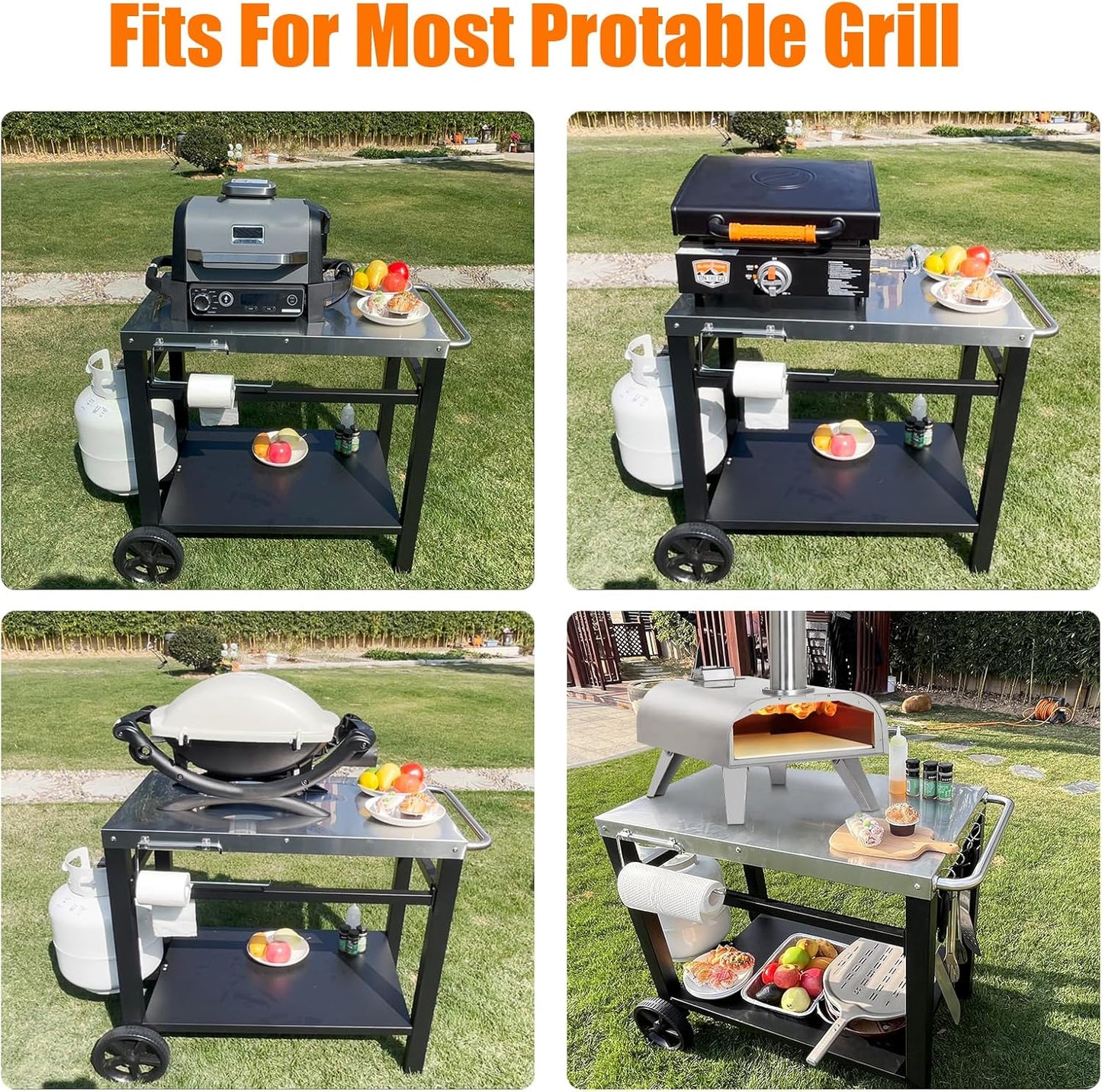 Outdoor Grill Table, Movable Dining Cart, Pizza Oven Table Stand, Double-Shelf Grill Stand, Food Prep and Work Cart with Wheels, Hooks, Fits for Blackstone Ninja