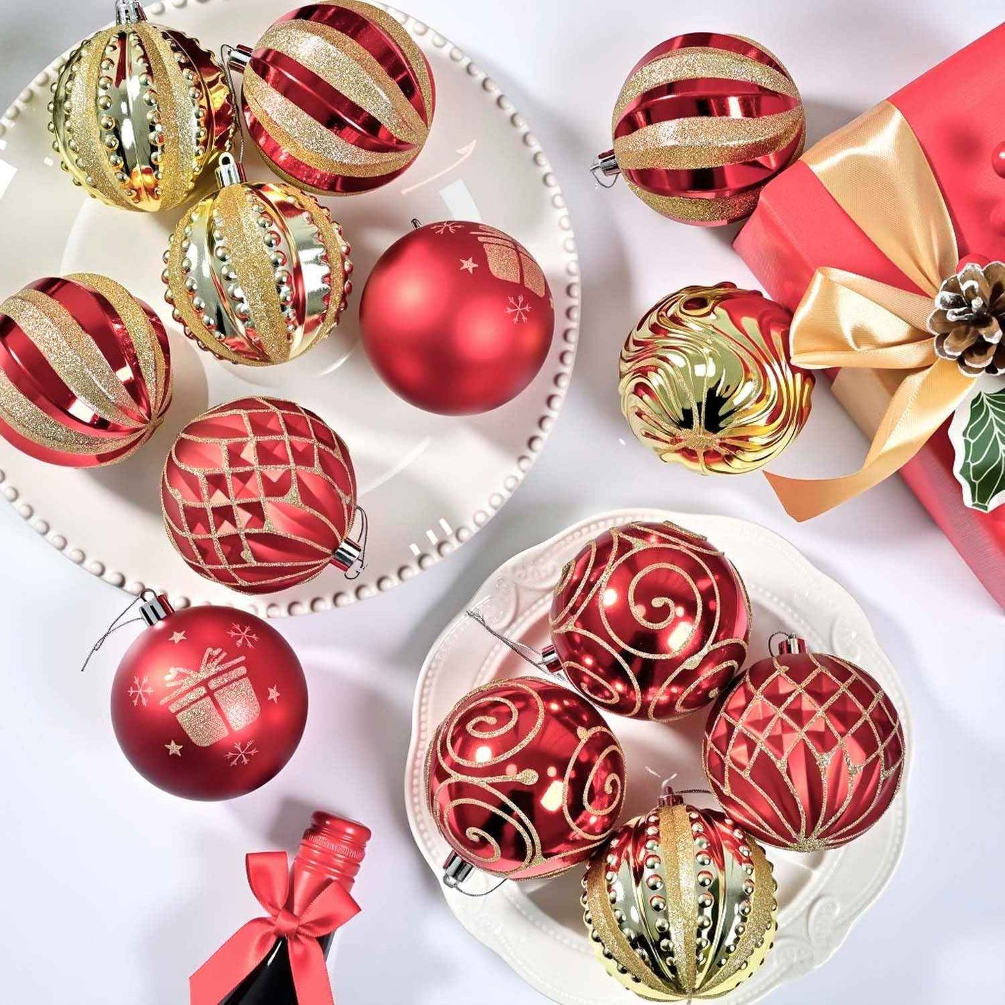 Christmas Ball Ornaments 16ct Set, Red and Gold Classic Luxury 3.15 Inch Christmas Tree Decorations, Shatterproof Hanging Ornaments for Xmas Holiday Decorations