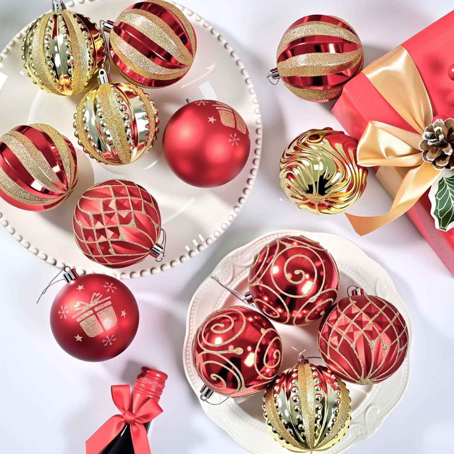 Christmas Ball Ornaments 16ct Set, Red and Gold Classic Luxury 3.15 Inch Christmas Tree Decorations, Shatterproof Hanging Ornaments for Xmas Holiday Decorations