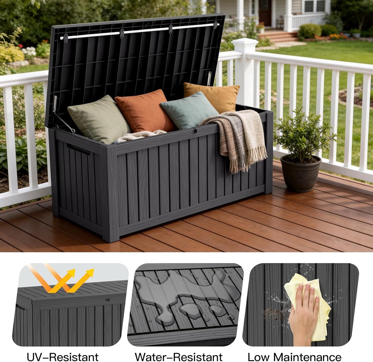 Mars Villa 120 Gallon Outdoor Storage Box, Resin Deck Box Waterproof for Patio Furniture Cushions, Pool Supplies, Gardening Tools, Weatherproof and UV Resistant, Black