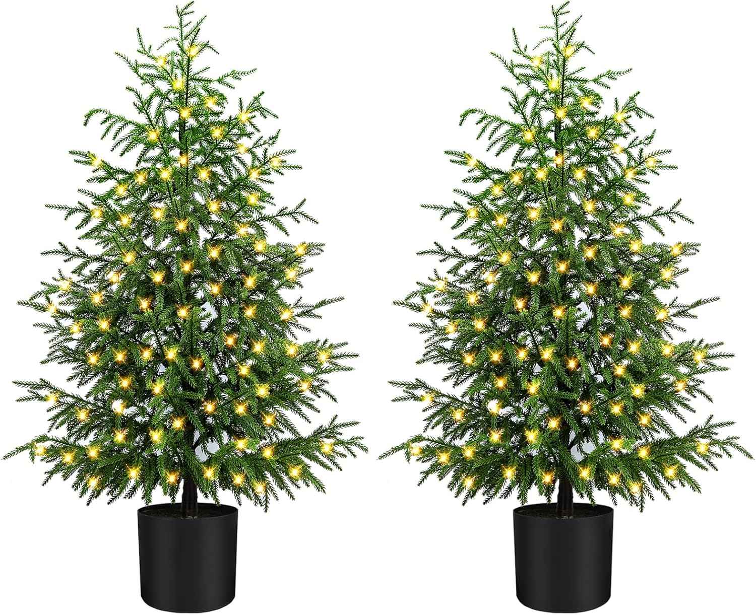 ENVEN 4FT Pre-Lit Artificial Norfolk Pine Christmas Tree – Realistic Potted Tree with 100 LED Lights & 8-Function Battery Box, Pre-Assembled Faux Holiday Décor for Indoor Use (2)
