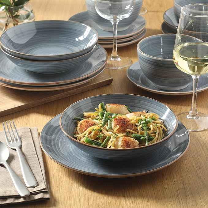 Gibson Home Stonebury 16 Piece Plates and Bowls Blue Dishes - Handpainted Stoneware Dinnerware Set - Service for 4