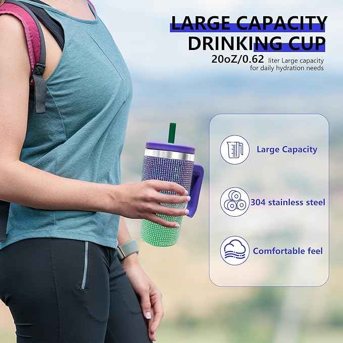 2PCS 20-OZ Insulated Water Bottle,Insulated Stainless Steel Tumbler,Reusable Cold Drink Thermos,BPA-Free, Double-Wall Stainless Steel Water Bottle (Purple Green Gradient-Diamonds, 20, Fluid Ounces)