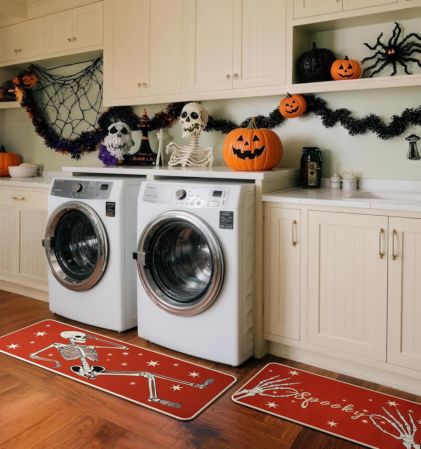 Halloween Kitchen Mat Set of 2, Spooky Skeleton Gothic Halloween Kitchen Decor, Halloween Rug for Floor, Indoor Spooky Home Decor with Non-Slip Backing,17 x 29 Inch & 17 x 47 Inch