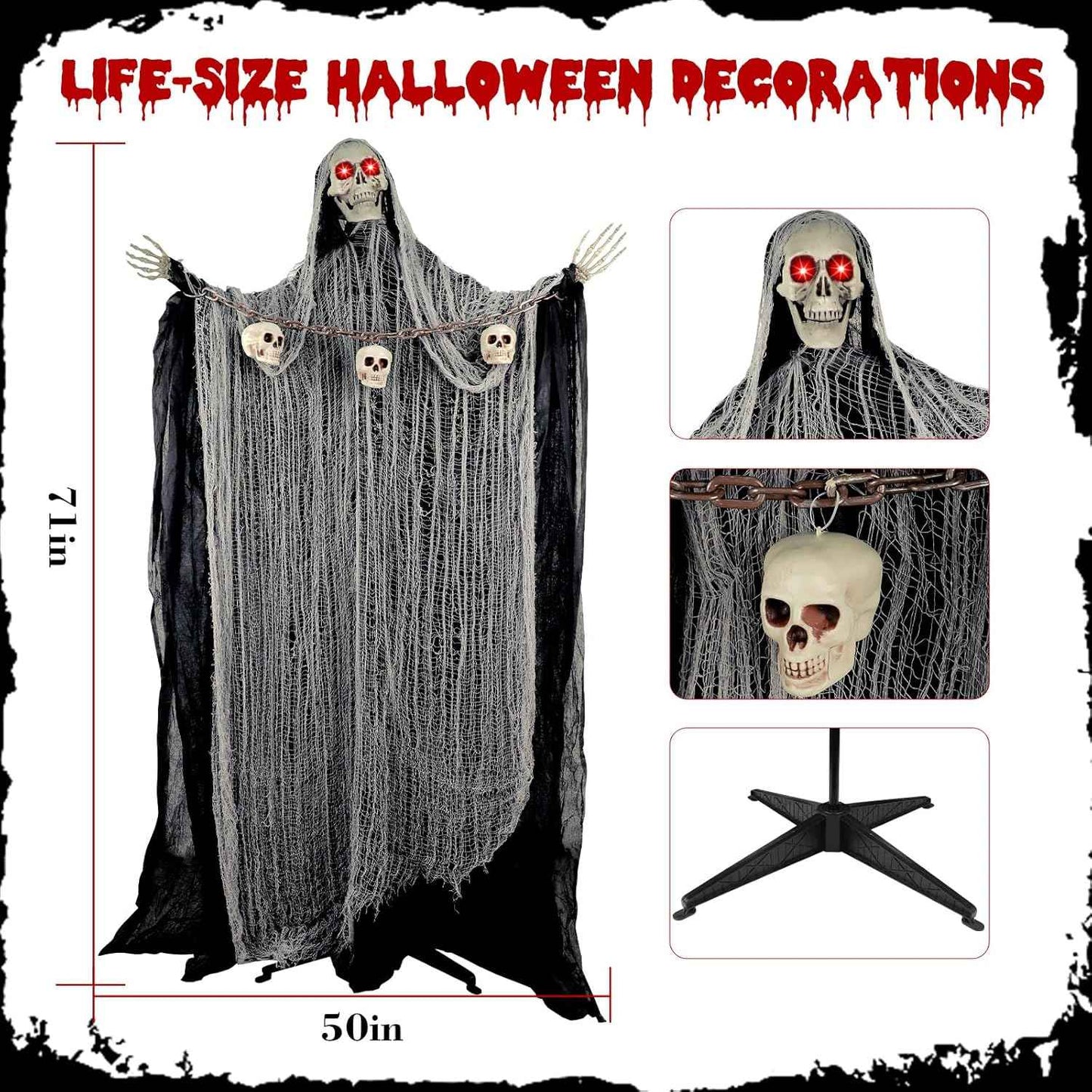 Outdoor Halloween Decorations, 71" Halloween Animatronics Decor Led Light Eyes Sound&Touch Activated Scary Haunted House Decor with Spooky Sound Adjustable Arm for Party Yard Lawn Outdoor Indoor