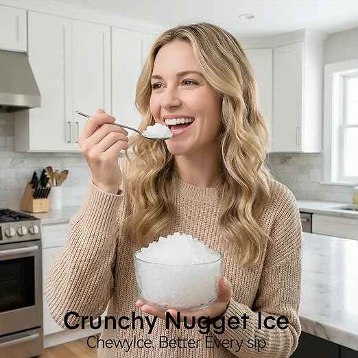 NEWBULIG Nugget Ice Makers Countertop, Portable Nugget Ice Machine, Ready in 6 Mins, 24lbs in 24Hrs, Auto-Cleaning, with Basket and Scoop, for Home, Kitchen, RV, Camping, White