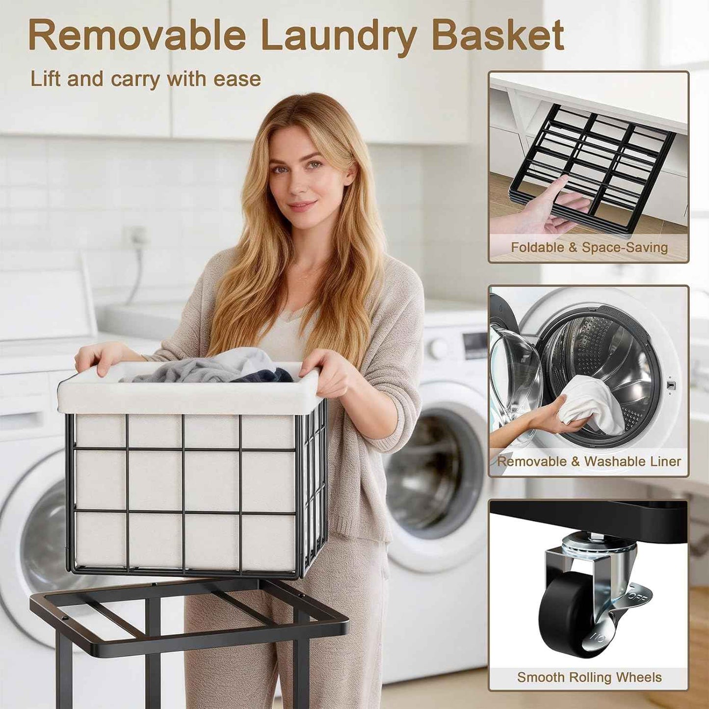 120L Vertical Rolling Laundry Hamper with Removable Bags, 3 Section Laundry Basket with Wheels, Slim Tall 3 Tier Laundry Sorter for Small Spaces, Dorm, Laundry Room, Bathroom, Closet, White