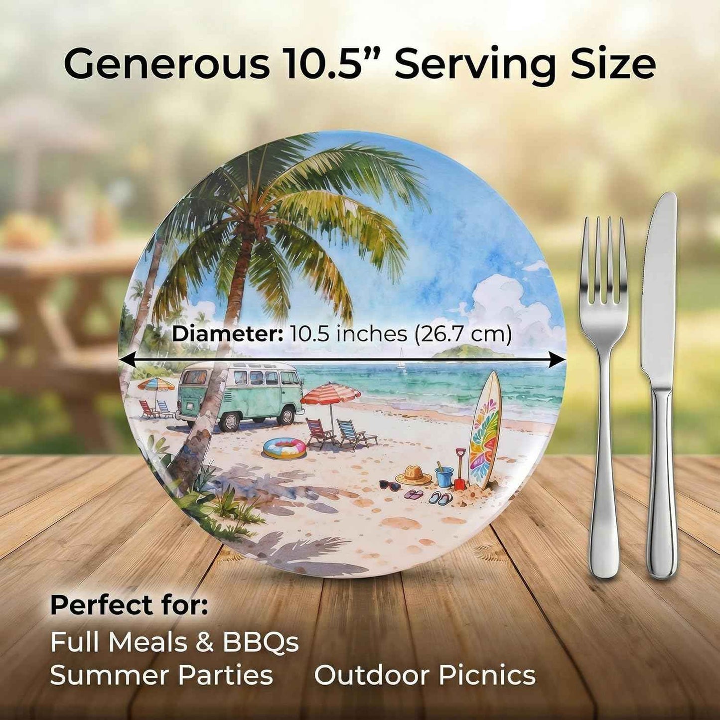 10.5 Inch Melamine Plates Set of 12 – Lightweight & Unbreakable Dinner Plates, Chip Resistant & Dishwasher Safe, Summer Beach Design for Indoor and Outdoor Use
