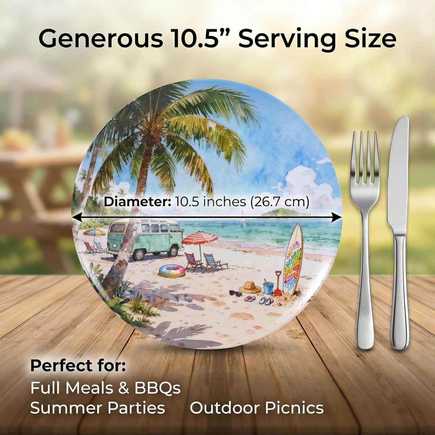 10.5 Inch Melamine Plates Set of 12 – Lightweight & Unbreakable Dinner Plates, Chip Resistant & Dishwasher Safe, Summer Beach Design for Indoor and Outdoor Use